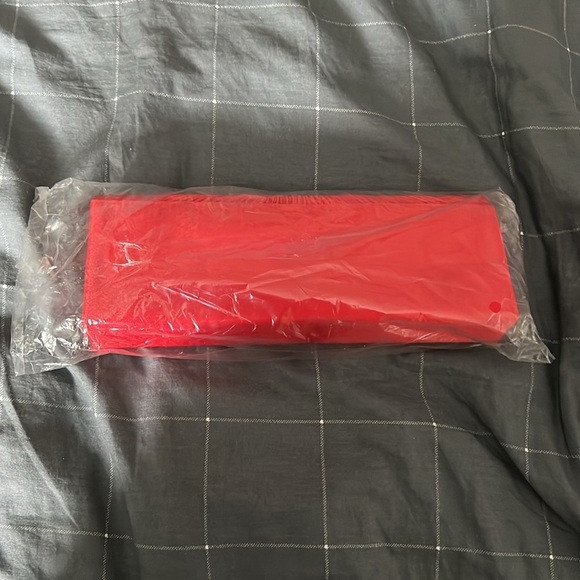 Red Pleated Clutch Purse with Rhinestone Brooch Accent - Picture 2 of 4